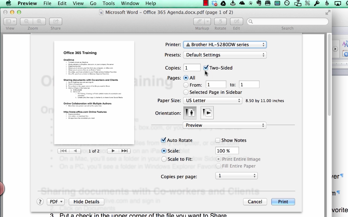 print 2 sided in word 2013 for mac